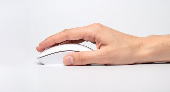 Hand using modern wireless computer mouse on white background