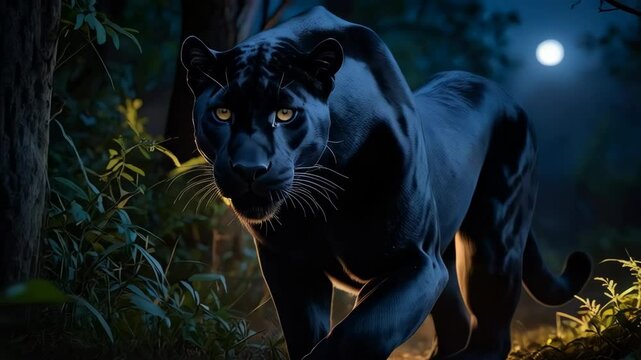 Majestic black panther prowling through a dark forest under the soft glow of moonlight, creating a mysterious and wild atmosphere
