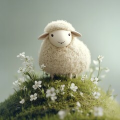 Plush Sheep Grazing Among Wildflowers on Grassy Hill A Serene Pastoral Scene with Ethereal Lighting