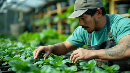 Under the bright lights of the greenhouse, a dedicated worker carefully tends to young plants, ensuring optimal growth and preparing for a fruitful harvest ahead