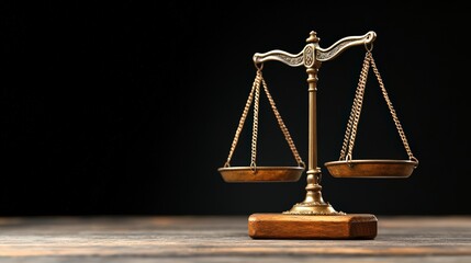 Elegant antique brass balance scale with empty trays on dark wooden surface, symbolizing justice and fairness