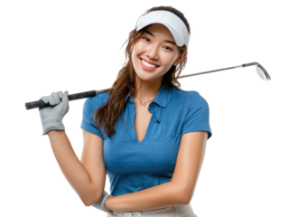 Smiling Golfer: A cheerful, radiant golfer, elegantly poised with a golf club, showcases a perfect blend of athleticism and grace, radiating a cheerful demeanor and passion for the sport.