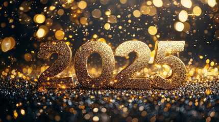 Shiny Gold Lettering Says Happy New Year 2025 with Glittering Highlights, Setting a Festive Tone on Dark Backdrop