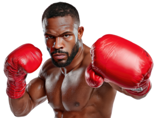 Powerful Boxer: A muscular, intense boxer with a determined expression, wearing red boxing gloves, poised for a powerful punch.