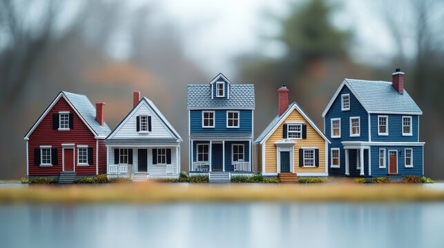 Charming row of miniature colorful houses a nostalgic tribute to vintage architecture on a tranquil day