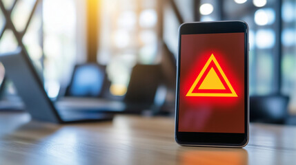 Close-up of a smartphone displaying a prominent red warning symbol on screen, symbolizing urgent technical malfunction or product recall, conveying consumer safety concerns and technology industry