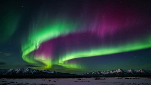 The dark night sky is adorned with the mesmerizing dance of the Aurora Borealis, displaying green and magenta hues that curve and flow over the snowy landscape.