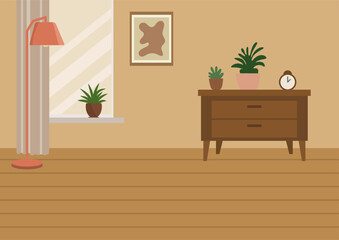 Cozy room interior with floor lamp and wooden dresser. Home decoration and comfort concept. Background for living space.