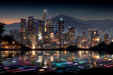 Fototapeta premium Night Cityscape with Musical Notes Reflection Urban Modern Music City Lights Skyscrap