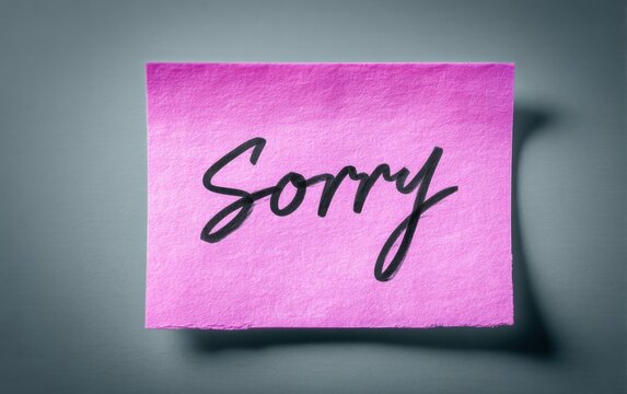 Pink sticky note with handwritten word "Sorry