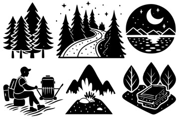 Black and white illustrations of hiking and nature