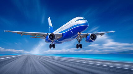 Naklejka premium Aircraft approaches runway for landing through bright blue sky with ocean in background. Clear daylight setting emphasizes travel and aviation themes