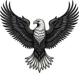 Majestic Eagle Vector Illustration with Open Wings, Black and White American Symbol