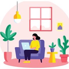 Woman Working from Home Living Room Interior and Remote Work Concept Illustration
