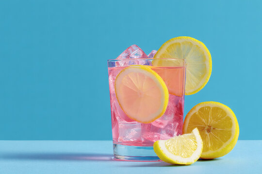 Refreshing pink lemonade with ice and lemon slices