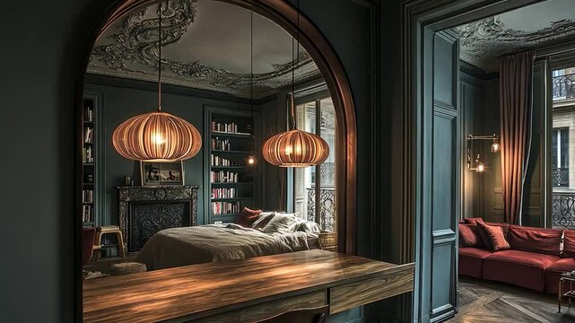 Elegant Parisian apartment interior with dark teal walls, wooden floors, arched mirror, and a luxurious bedroom