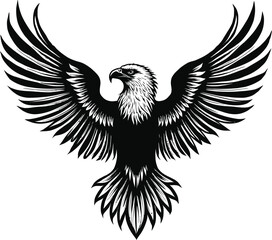 Obraz premium Majestic Bald Eagle with Wings Spread Wide, Detailed Black and White Vector Illustration