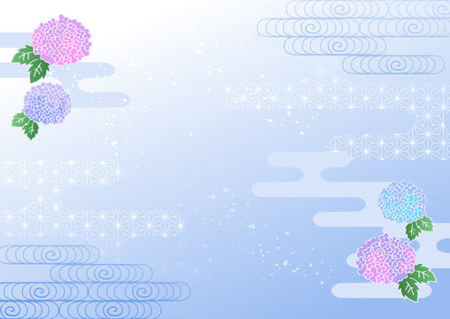 涼しげな紫陽花の和柄背景ベクター素材（水色）