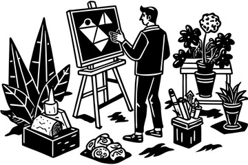 Artist working on geometric abstract painting