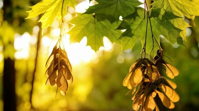 Backlit maple tree leaves and samaras with sunshine, autumnal foliage and winged seeds against a blurred woodland background.
