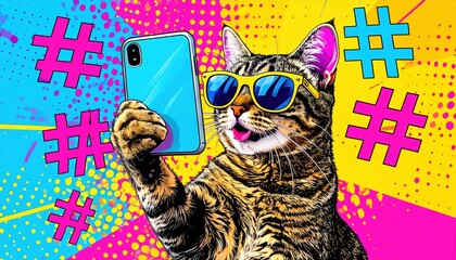 Playful tabby cat wearing sunglasses takes a selfie with a smartphone against a vibrant pop art background featuring colorful patterns and hashtags, showcasing a fun and trendy atmosphere