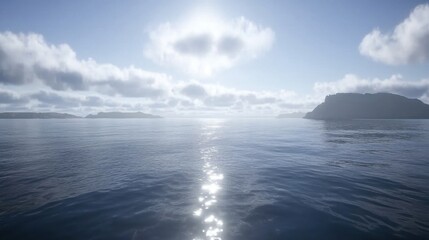 Fototapeta premium Vast Blue Ocean with Distant Islands Under Bright Sunlight and Cloudy Sky