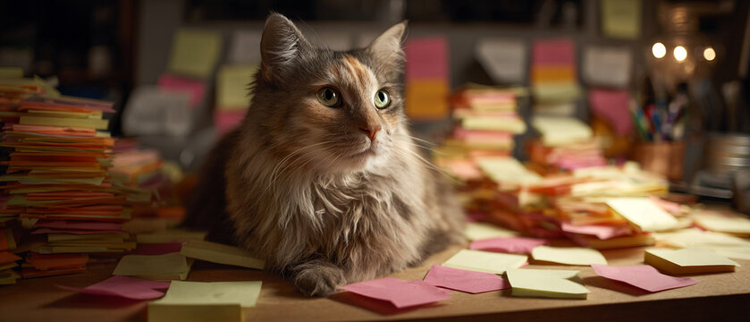 A calico cat sitting on a desk covered with stacks of colorful sticky notes looking to the right side