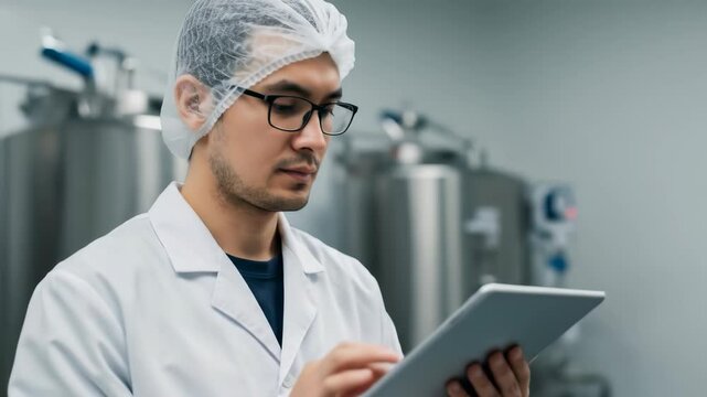 Male factory worker in white coat using a digital tablet. Industrial manufacturing management and quality control concept.