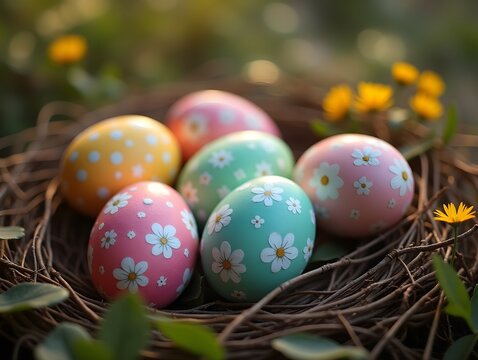Decorated Easter eggs nestled in a cozy and natural environment