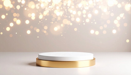 An exhibition stage concept with a circular product display stand with bright and colorful lights in movie-like lighting.