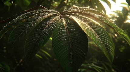 Fototapeta premium Lush Green Leaf with Glistening Dew Drops in Tropical Sunlight