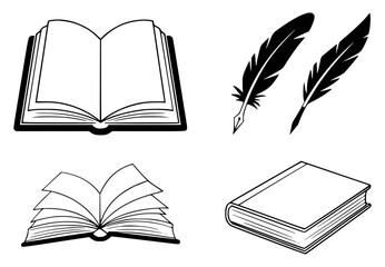 Black and white book and feather pen vector illustrations