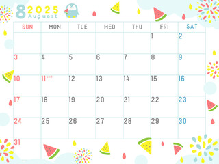 2025年8月のカレンダー　スイカ