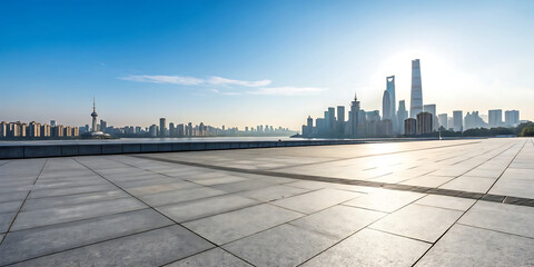 Modern City Skyline with Empty Plaza Panoramic Urban View