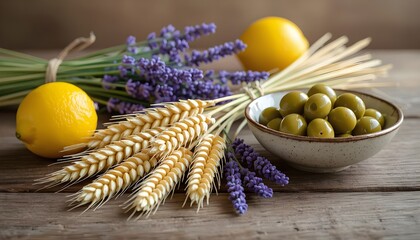 Natura morta o still life simbolo dell'estate: composizione con un mazzo di spighe di grano, lavanda, olive e limoni