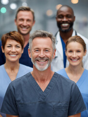 diverse group of medical professionals smiling together, showcasing teamwork and dedication in healthcare setting. Their expressions reflect confidence and compassion