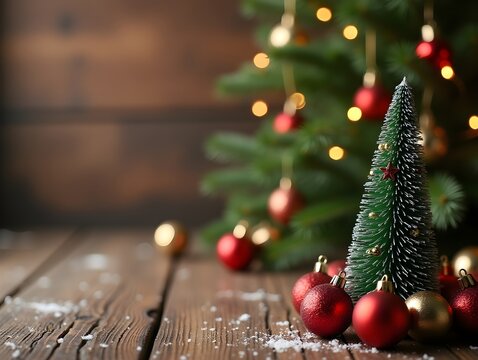 Beautiful christmas background with wood table ornaments and christmas tree with copy space