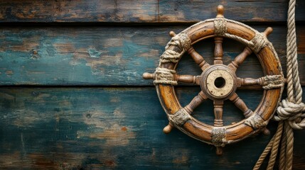 Obraz premium Rustic wooden ship wheel with rope on aged blue planks.