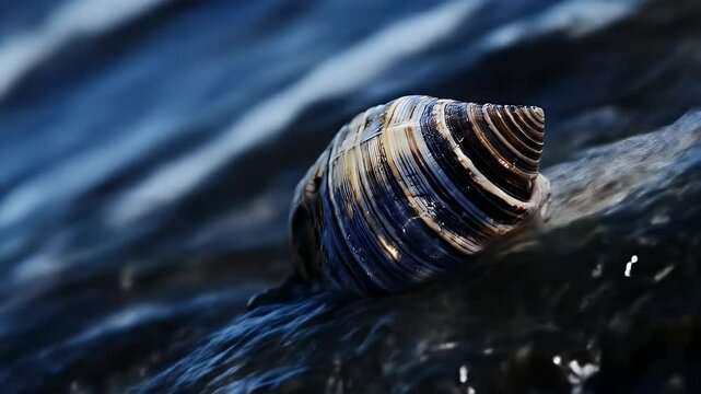Seashell Close Up on Dark Rocks with Water Splashes Detailed Macro Shot of Ocean Shell Coastal Beauty Against a Blurred Blue Sea Background
