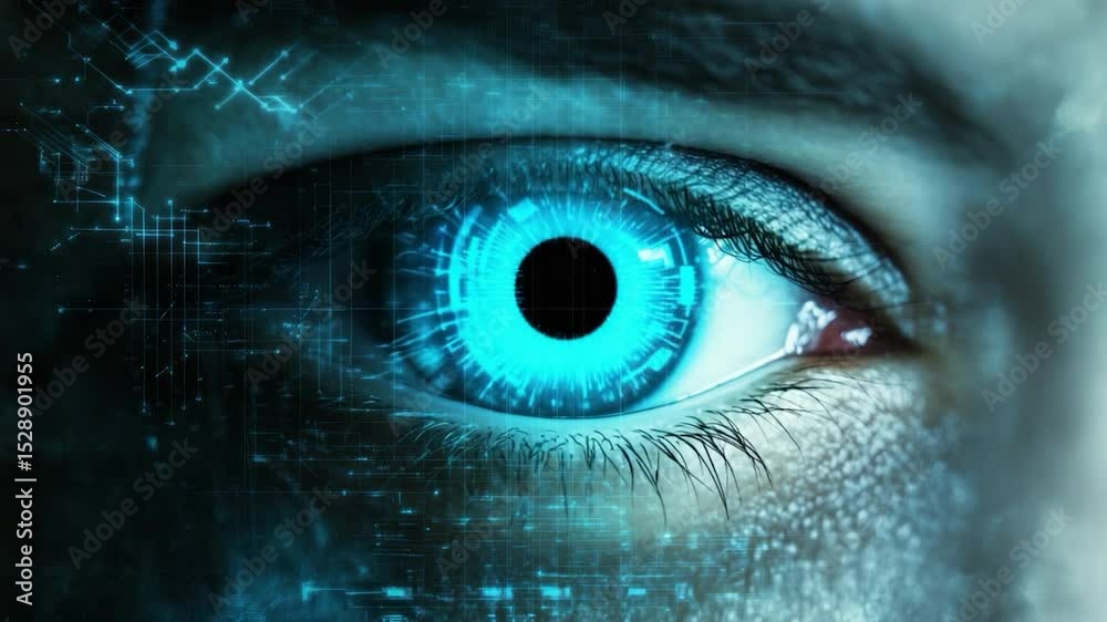 Poster close-up of an eye with digital overlay.