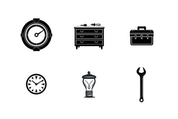 Black and white icons set of tools time and ideas