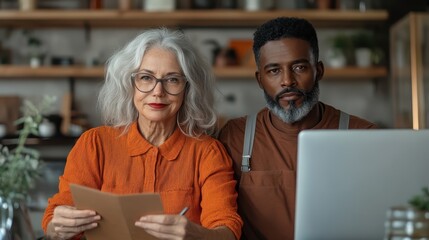 An image of a senior couple engaged in thoughtful discussion over documents, highlighting the value of collaboration and shared wisdom in a nurturing environment.