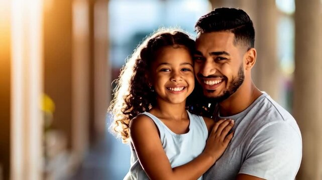 Affectionate young adult male hugs cheerful preteen girl with curly hair in outdoor setting, displaying strong family bond and intergenerational love