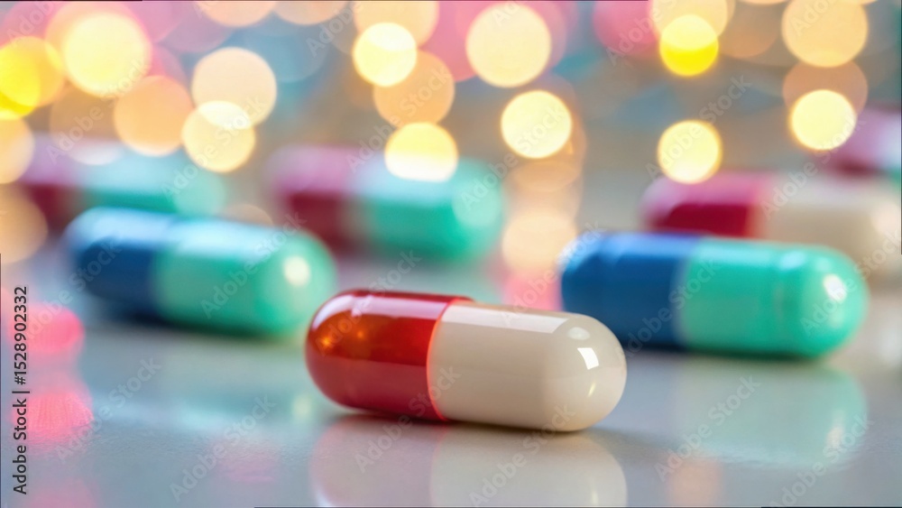 Aufkleber Colorful Glowing Capsules on a Soft Surface with Bokeh Background