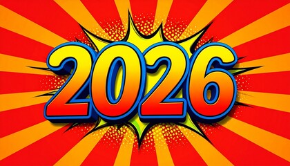 "2026" in Pop Art Style on a Red and Yellow Radial Background comic book style 