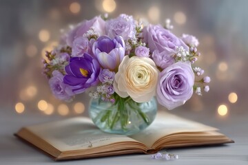 Romantic Lavender Roses   Crocus Bouquet on Book