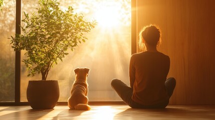 A serene scene where a woman sits in reflection beside her dog, soaking in the warm sunlight, representing companionship, tranquility, and a peaceful life.