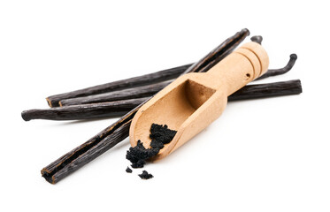 closeup pile of vanilla bean stick and seed on wood scoop isolated on white background cutout