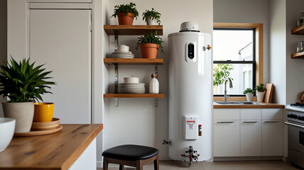 Modern kitchen features a sleek white water heater