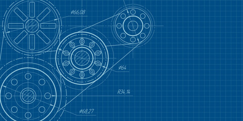 School education, study. Gears. Engineering industry. Technical drawing of gear .Technology background. Vector illustration.
